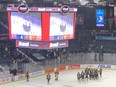 The Brandon Wheat Kings celebrate a 6-4 victory over the Regina Pats on Friday at the Brandt Centre.