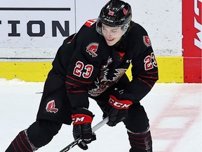 The Moose Jaw Warriors' Atley Calvert, shown in this file photo, had a natural hat trick in Saturday's 4-1 victory over the visiting Regina Pats.