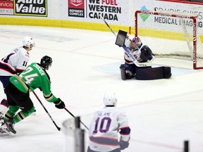 Regina Pats goalie Matthew Kieper makes a save against the Prince Albert Raiders on Tuesday at the Brandt Centre. Kieper registered his first WHL shutout in the Pats' 4-0 victory.