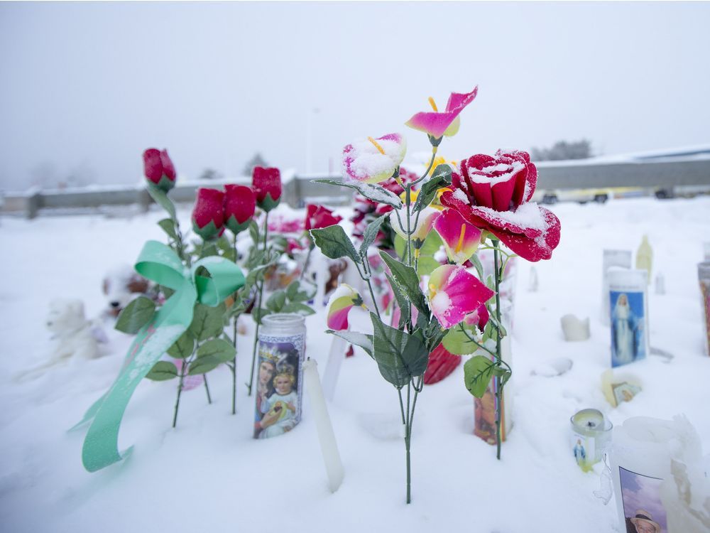 A memorial was set up on the La Loche Community School grounds after four people were killed in a shooting on Jan. 22, 2016