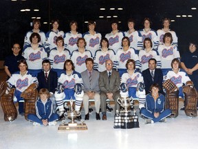 1973-74 Regina Pats — Memorial Cup champions. 
Back row: (left to right) Glen Burdon, Drew Callander, Mike Wirachowsky, Mike Harazny, Rob Tudor, Kim MacDougall, Jon Hammond, Dave Thomas.
Second row: Wayne Zurowski (assistant trainer), Clark Gillies, Bill Bell, Dave Faulkner, Mike Wanchuk, Jim Minor, Robbie Laird, Dennis Sobchuk, Norm Fong (trainer).
Front row: Ed Staniowski, Bob Turner (head coach), Greg Joly, John Weber (assistant general manager), Dr. Jim Chatwin, Rick Uhrich, Del Wilson (general manager), Bob Leslie.
Seated on ice: Randy McCormick (stickboy), Kevin Gibson (stickboy).