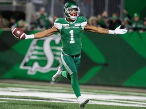 Saskatchewan Roughriders receiver Shaq Evans (1) is looking to rebound from a disappointing 2021 CFL season. BRANDON HARDER/ Regina Leader-Post