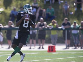 Quarterback Vince Young, shown at the Saskatchewan Roughriders' training camp in 2017, famously flopped during a brief audition with the CFL team.