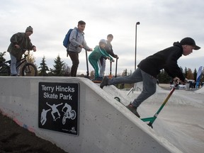 This 2019 photo shows a newly unveiled plaque designating the Terry Hincks Skate Park on Rochdale Boulevard. Hincks, a former city councillor, passed away in 2016.
