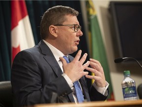 Premier Scott Moe delivers information to the public on restrictions and mandates surrounding COVID-19 at the Saskatchewan Legislative Building.