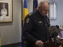 egina Police Service Chief Evan Bray addresses the media regarding Const. Scott Shane Ash being relieved of duties after an investigation and the officer being charged with six counts of driving while prohibited. Bray speaks at the RPS Headquarters on Feb. 10, 2022 in Regina.