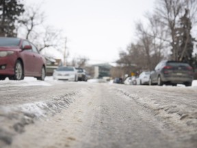 Rutted roads and ice build-up on McTavish Street on Feb. 14, 2022 in Regina.