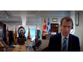 Chief Connie Big Eagle, of Ocean First Nation (left), and Marc Miller, minister of Crown-Indigenous affairs (right), take part in a virtual ceremony recognizing Ocean Man's historic status as a Treaty 4 band.