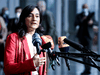 Canada's Defence Minister Anita Anand speaks at a press conference prior to the meeting of NATO defence ministers on the Russia-West tensions at the NATO headquarter in Brussels, February 16, 2022.