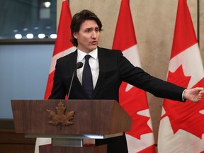 Justin Trudeau, Canada's prime minister, speaks during a news conference on Parliament Hill in Ottawa, Ontario, Canada, on Friday, Feb. 11, 2022.