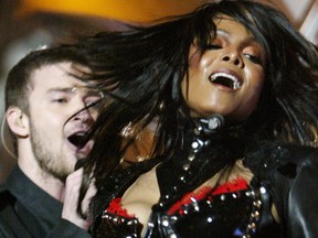 Singers Janet Jackson and surprise guest Justin Timberlake perform during the halftime show at Super Bowl XXXVIII at Reliant Stadium on Feb. 1, 2004 in Houston.