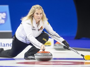 Team Jones skip, Jennifer Jones delivers final rock of the end against Team Fleury during woman's final of the 2021 Canadian Olympic curling trials in Saskatoon, Sunday, November 28, 2021.