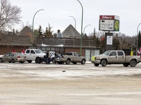 A very small group of vehicles gathered at the Southland Mall to form a convoy to travel to the North Portal border crossing on Saturday, February 19, 2022 in Regina.