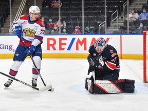 Kelton Pyne of the Regina Pats stops a shot by the Edmonton Oil Kings' Jakub Demek at Rogers Place on Tuesday afternoon.