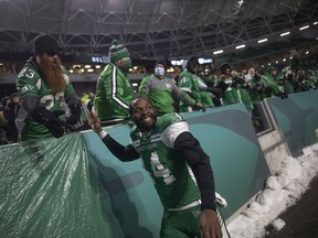 Saskatchewan Roughriders fans have plenty to celebrate now that receiver Duke Williams, shown after the CFL's 2021 West Division semi-final at Mosaic Stadium, has signed with the Green and White.
