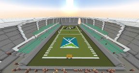 A screenshot of ACSM's Minecraft server hub world which features a replica of Mosaic Stadium.