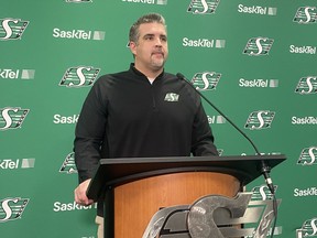 Jeremy O'Day, the Saskatchewan Roughriders' vice-president of football operations and general manager, addresses the media.  Murray McCormick/Leader-Post