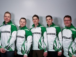 Left to right: Colton Flasch (skip), Catlin Schneider (third), Kevin Marsh (second), Dan Marsh (lead) and Jamie Schneider (coach) show off their Team Saskatchewan jackets after winning the provincial men's curling championship on Sunday in Whitewood.