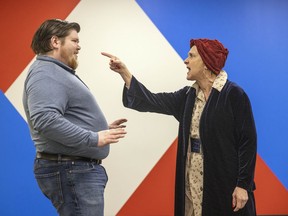 Adam Robert Milne, left, and Julianna Barclay rehearse in February for The Weavers, which was the first production by On Cue Performance Hub in Regina.