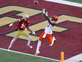 Jamal Custis, 17, of Syracuse catches a touchdown pass against Boston College on Nov. 24, 2018.