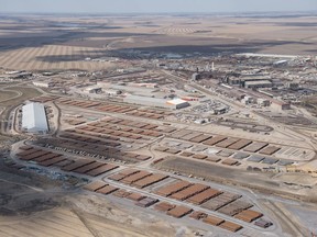 An aerial photo shows the Evraz steel plant.