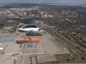 REGINA, SASK : May 9, 2019  -- An aerial photo shows Evraz Place and Mosaic Stadium with the city's downtown in the background. BRANDON HARDER/ Regina Leader-Post