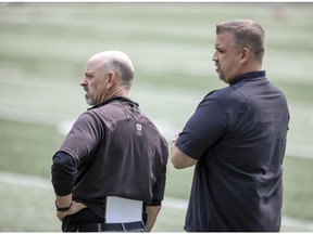 The pressure is on Saskatchewan Roughriders head coach Craig Dickenson, left, and general manager Jeremy O'Day to deliver a Grey Cup champion in 2022