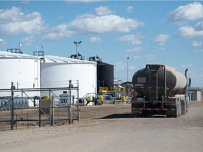 An oil tanker truck drives into a storage facility in Weyburn in this file photo from Sept. 7, 2021.