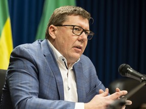 Saskatchewan Premier Scott Moe speaks with media at a press conference in on Feb. 18, 2022.