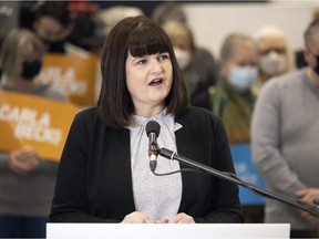 Regina Lakeview MLA Carla Beck announces her candidacy for the NDP leadership race at Xtended Hydraulics in Emerald Park on Thursday.