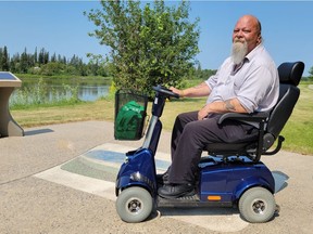 David Irwin of Prince Albert sits on the electric scooter he was able to purchase last year thanks to help from TeleMiracle. Photo supplied by TeleMiracle.
