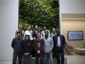 Precision AI team (L to R) back row: Jillie Storle, Naiomi Borger, Kaitlin McNabb, Reshma Rajan, Samantha Campbell, Second row: Jesus Rodriguez, Richard Tallud, Kelsey Kosheluk, Jason Dash Adeniyi Odutayo all stand for a portrait at Cultivator on March 7, 2022 in Regina.