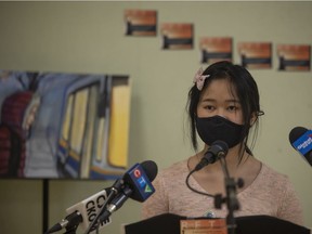 Shell Lemana a Grade 11 student at Miller Comprehensive High School speaks at an event inside the YWCA to support for the City of Regina's Energy and Sustainability Framework on Friday, March 11, 2022 in Regina.