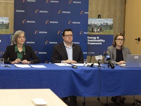 Louise Folk, from left, executive director, people and transformation, Greg Kuntz manager, energy and sustainability solutions and Cara Simpson, director, innovation, energy and technology, attend a technical briefing during the City of Regina's Energy and Sustainability Framework plan on March 14, 2022.