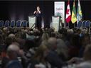 Premier Scott Moe addresses the Saskatchewan Association of Rural Municipalities annual convention on Wednesday in Regina.