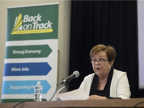 Treasurer Donna Harpauer at a press conference on the Saskatchewan Budget in March 2022.