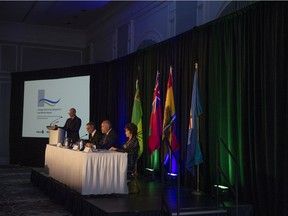 Minister and Minister Responsible for SaskPower Don Morgan, Minister of Energy in Ontario, Todd Smith and Minister of Energy, Alberta, Sonya Savage speak at a news conference in March to launch the Small Modular Reactor (SMR) Strategic Plan.