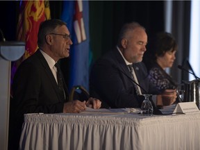 SaskPower Minister Don Morgan, Minister with Ontario Energy Todd Smith and Alberta Energy Minister Sonya Savage discuss a Small Modular Reactor (SMR) strategic plan Monday.