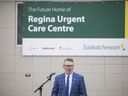 Minister of Mental Health and Addictions Everett Hindley speaks at an event to mark the start of the Regina Urgent Care Centre project on Albert Street on Thursday, March 31, 2022.