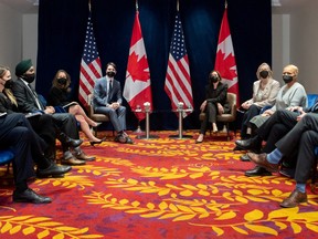 U.S. Vice President Kamala Harris and Canadian Prime Minister Justin Trudeau hold a meeting in Warsaw, Poland, Poland March 10, 2022.