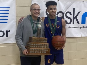 Atlee Simon, left, and his brother Isaac shared in Harvest City's Saskatchewan High Schools Athletic Association 5A boys basketball title on Saturday.