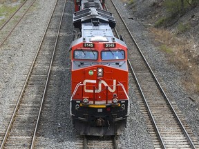 A Canadian National Railway locomotive pulls a train in Montreal.