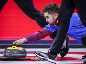 The Highland Curling Club's Matt Dunstone releases a shot during Tuesday afternoon's match against P.E.I. at the Brier.