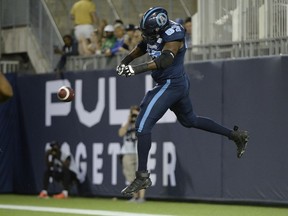 Jamal Campbell celebrates after catching a one-yard touchdown pass from Toronto Argonauts quarterback McLeod Bethel-Thompson on Aug. 1, 2019 against the Winnipeg Blue Bombers. Campbell, an offensive tackle, lined up as a tight end on the play.