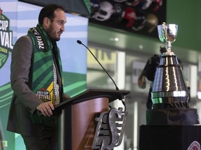 Saskatchewan Roughriders president-CEO Craig Reynolds addresses the crowd Thursday at Mosaic Stadium during a media conference that was held to launch the 2022 Grey Cup Festival.