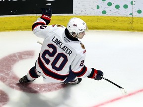 Logan Linklater celebrates Wednesday after scoring his first goal as a member of the Regina Pats.
