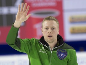 Saskatchewan skip Colton Flasch, from Saskatoon, is shown during Saturday's 3-versus-4 Page playoff game at the Brier in Lethbridge. A 9-7 loss to Brad Gushue eliminated Flasch from championship contention.