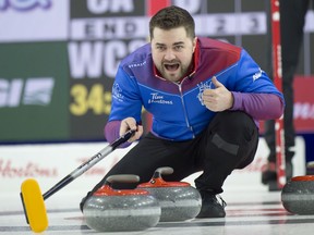 The Highland Curling Club's Matt Dunstone, shown during Wednesday morning's matchup with Team Canada's Brendan Bottcher, has a 6-1 record at the 2022 Brier.