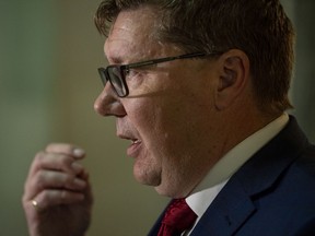 Saskatchewan Premier Scott Moe speaks to media following the presentation of the Saskatchewan budget on Wednesday.