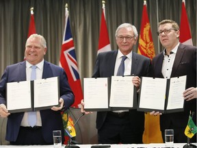 Ontario Premier Doug Ford (left), New Brunswick Premier Blaine Higgs and Saskatchewan Premier Scott Moe announce provincial collaboration on small modular nuclear reactors in 2019.